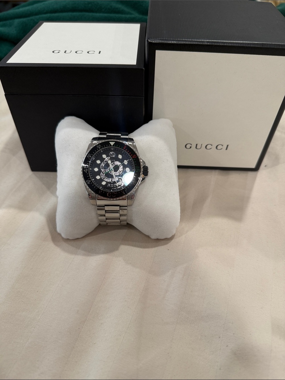 Gucci Silver Bracelet Watch with Black Dial and Crystal Accents